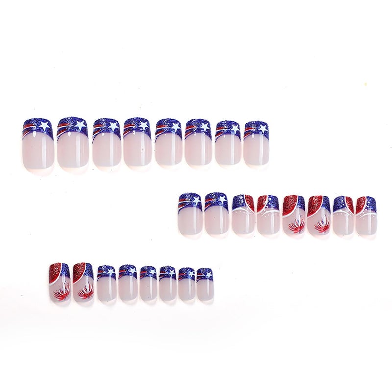 KRTBKR 24Pcs 4th of July Press on Nails Short Square Red Black French Tip Fake Nails American Flag with Star Fireworks Glitter Design Full Cover Independence Day False Nails for Women Acrylic Manicure Salon - Image 3